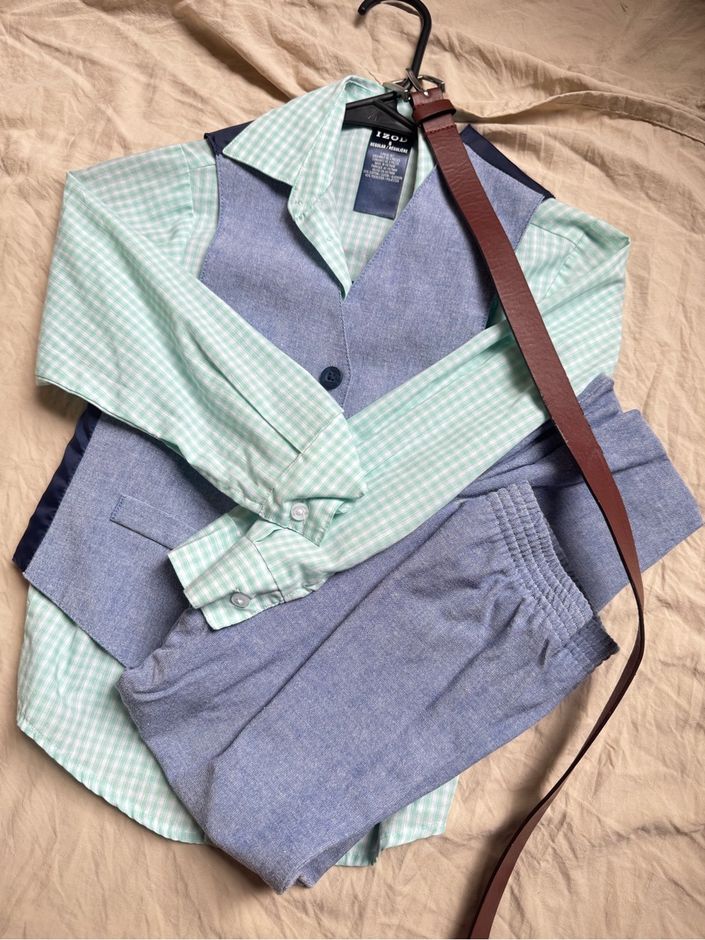 IZOD Boys 3 Piece Dress Set Blue Vest Pants Green Check Shirt + Belt